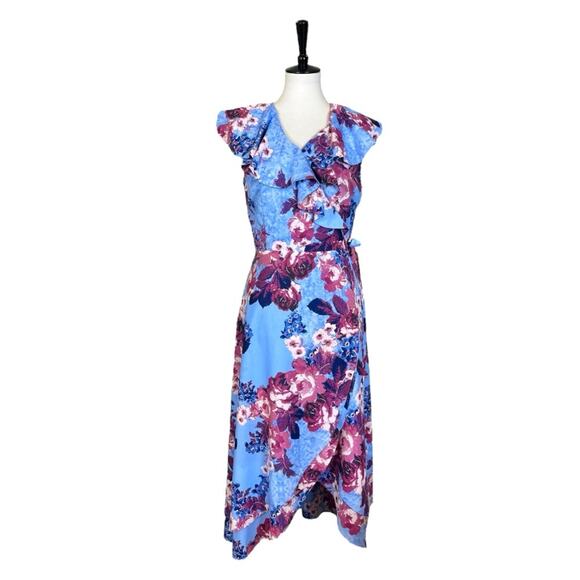 Alex Marie Wrap Dress Midi Ruffle Top Sleeveless Blue Pink Floral Women’s Size 6 - Picture 1 of 14